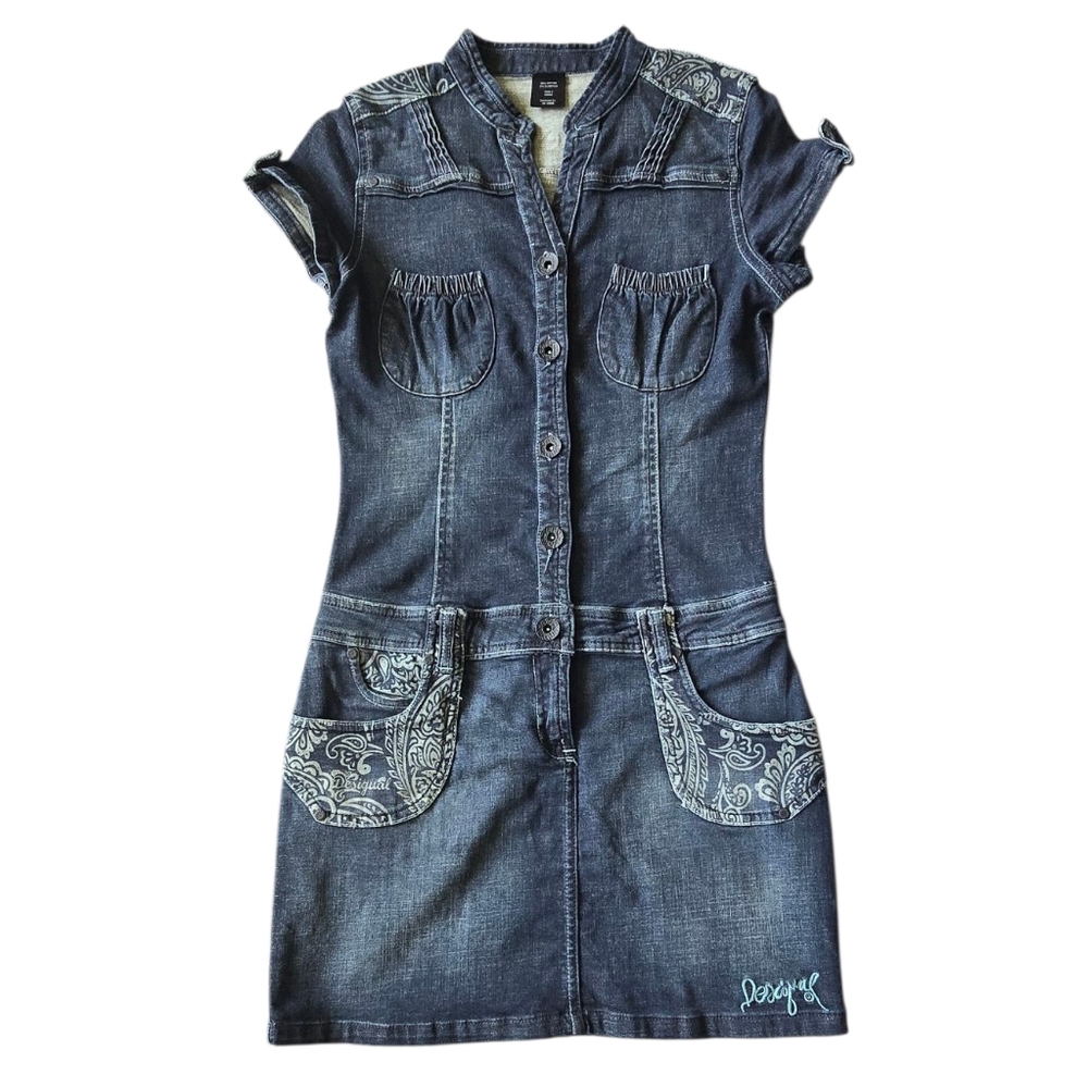 Desigual Blue Denim Mini Dress with Paisley Accents and Embroidered Back